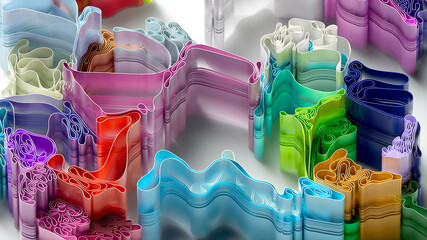 3d render of abstract art with surreal rubber band stripes in curved, wavy organic lines forming in process of circular transformation in blue, red yellow, and white colors on a white background