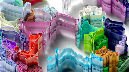 3d render of abstract art with surreal rubber band stripes in curved, wavy organic lines forming in process of circular transformation in blue, red yellow, and white colors on a white background