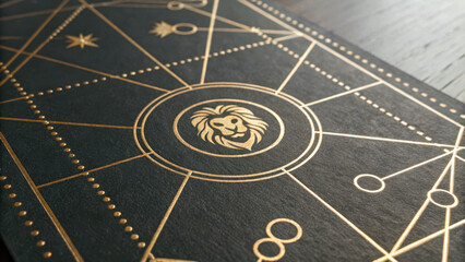 Leo zodiac.minimalist Leo zodiac poster features gold lion design on dark background, showcasing geometric patterns