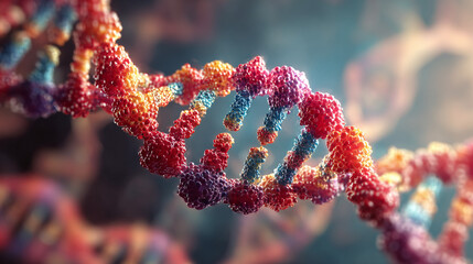 DNA double helix, the genetic blueprint of life. A complex structure in vibrant colors representing heredity, evolution, and the future of medicine.