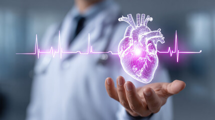 Innovative heart care visualization, showing a doctor presenting a holographic heart model with an EKG readout, emphasizing healthcare innovation.