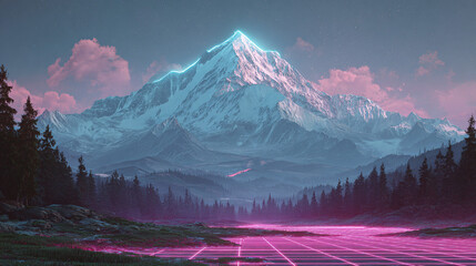 Majestic snow-capped mountain peak illuminated by a bright neon glow, set against a starry sky and a futuristic, glowing grid landscape.