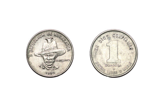 Coin 1 cordoba. 1980 year. Nicaragua, closeup view on white background