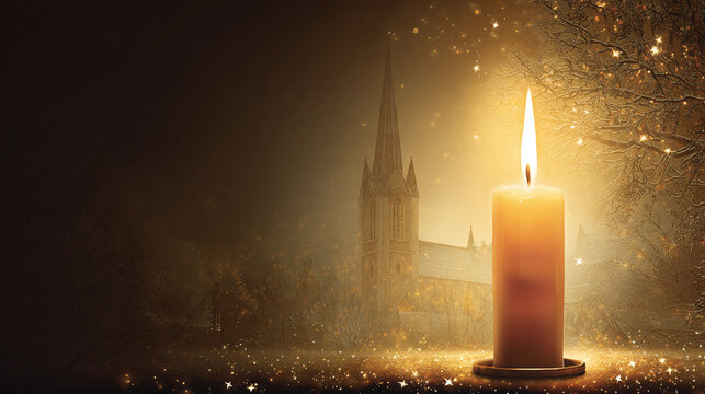 A glowing candle illuminates a church nestled in a serene winter landscape, casting a warm light and creating a peaceful and magical atmosphere. - Powered by Adobe