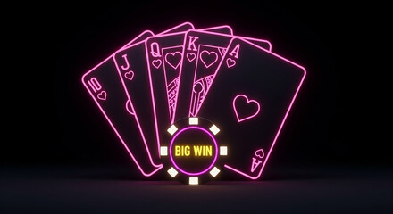 Neon glowing playing cards forming a royal flush with a big win poker chip in the foreground against a dark background concept for gambling and casino