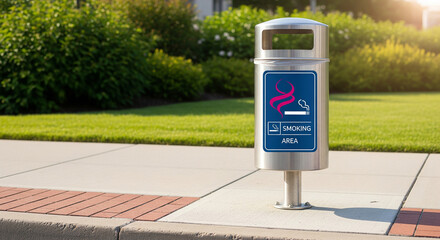 Stainless steel outdoor ashtray receptacle with smoking area sign installed on a sidewalk next to a grassy area with bushes