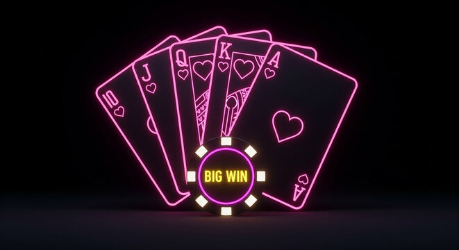 Neon glowing playing cards forming a royal flush with a big win poker chip in the foreground against a dark background concept for gambling and casino