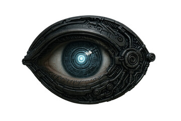 Robotic eye integrating machine technology with human elements, representing future surveillance, bionic vision, and transhumanism concepts