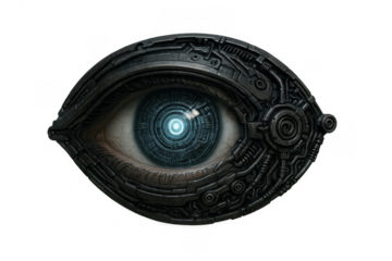 Robotic eye integrating machine technology with human elements, representing future surveillance, bionic vision, and transhumanism concepts