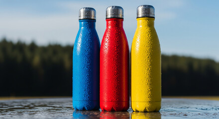 Three colorful metal reusable water bottles, blue, red, and yellow, covered in condensation droplets outdoors near water