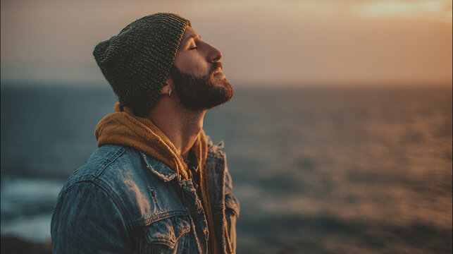 A contemplative man in a beanie stands near the ocean, his face tilted up towards the sky, basking in the warmth of the setting sun. - Powered by Adobe