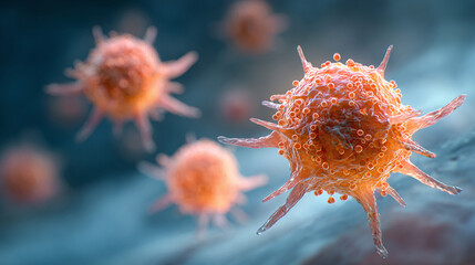 Close-up visualization of virus cells showing spiky projections on a blue background, revealing intricate details of its structure.