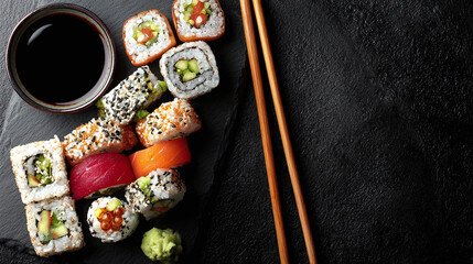 A delectable assortment of sushi rolls, accompanied by soy sauce and chopsticks, presents a delightful culinary experience on a dark surface.