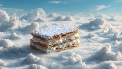 Mille-feuille pastry with creamy filling and powdered sugar floating among soft clouds in a dreamy sky, representing fantasy, sweetness, and a dessert heaven concept