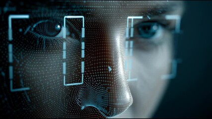 Unveiling the Future: A close-up shot of a human face, intertwined with futuristic technology, as digital interfaces overlay facial features. - Powered by Adobe