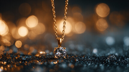 Dazzling solitaire pendant on a golden chain, sparkling against a bokeh backdrop. A symbol of elegance and timeless beauty. Accessorize now!