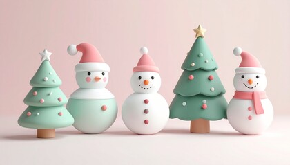 Festive Holiday Decoration Display Featuring Snowmen and Christmas Trees against a Pastel Pink Background