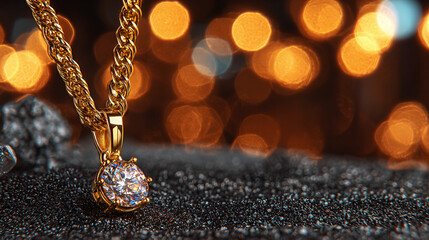A dazzling gold necklace with a diamond pendant glistens against a backdrop of shimmering lights, radiating elegance and timeless charm.