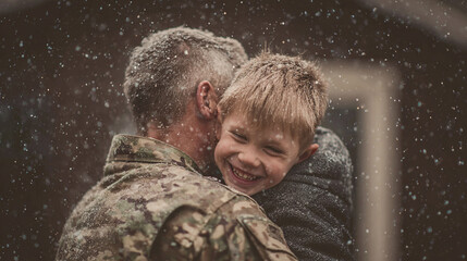 A child's joyous embrace welcomes a parent home in a heartwarming reunion, amidst a gentle snowfall, symbolizing love and sacrifice.