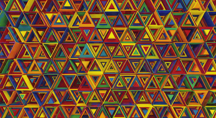 Vibrant abstract background composed of a dense, repeating pattern of colorful, threedimensional triangles creating a complex geometric texture