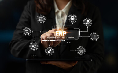 ERP platform visual showing centralized system for enterprise resource planning, improving integration, data flow, business efficiency, finance, inventory, and human resources. Spline