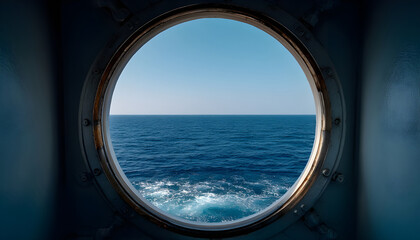 Naklejka premium A porthole window on a ships interior reveals a serene seascape, with the vast expanse of the ocean stretching out to the horizon. The sky is a clear blue.
