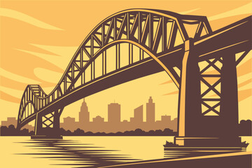 Naklejka premium Steel arch bridge over city river at sunset in St. Louis, Missouri.