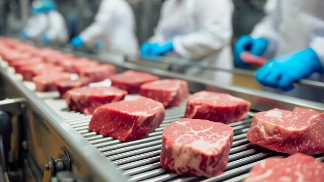 A conveyor belt with meat on it. The meat is being processed. There are three people working on the conveyor belt