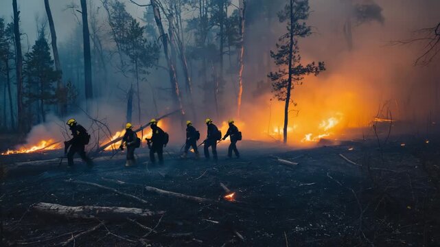 Six emergency responders in protective suits navigating thick wildfire smoke, glowing firelight flickering on helmets, realistic movement, dramatic cinematic scene.