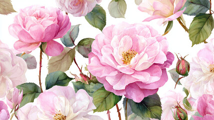 Delicate watercolor pink blooms and verdant leaves intertwine on a clean backdrop, evoking elegance and serenity in a garden.