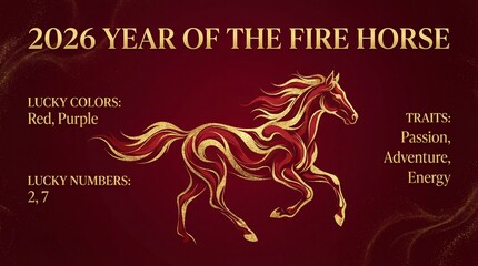 Fire horse zodiac year illustration on rich red background, horse made of golden flames gallops forward, horse energy symbolizes passion, adventure, bold luck theme for new year celebration