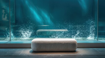 Tranquil underwater viewing experience with modern sofa in aquarium setting