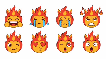 Fototapeta premium Cartoon flame face emojis showing various emotions