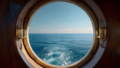 Fototapeta premium A porthole window on a ships interior reveals a serene seascape, with the vast expanse of the ocean stretching out to the horizon. The sky is a clear blue.