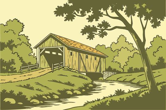 Old covered bridge crossing river in Indiana