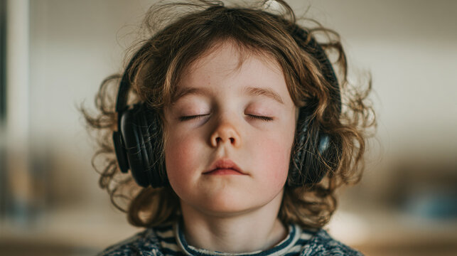 Young boy with closed eyes and curly hair listens to music through wireless headphones, immersed in sound, seeking calm and peace. - Powered by Adobe