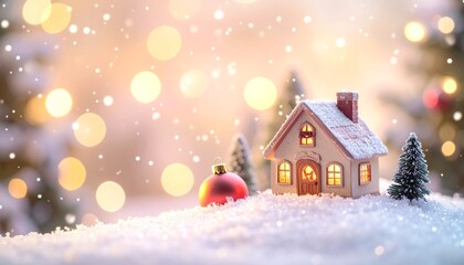 Festive Winter Scene Miniature House and Ornaments in Snowfall with Bokeh Background