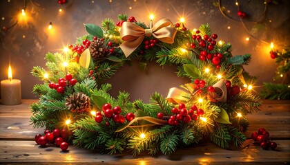 Festive Wreath Display with Berries Pine Cones and Fairy Lights against Warm Backdrop on Wooden Surface