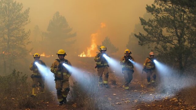 Six firefighters in full gear navigating smoky wildfire terrain, glowing flames reflecting on helmets, natural movement, heroic team in action.