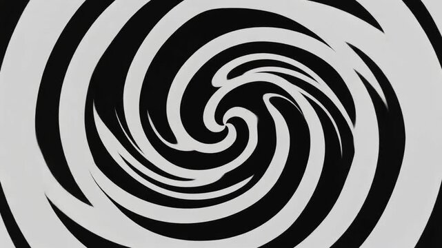 black spiral slowly expands outward, then retracts along the same trajectory back to the initial shape. Perfect symmetrical motion cycle, identical first and last frame. 