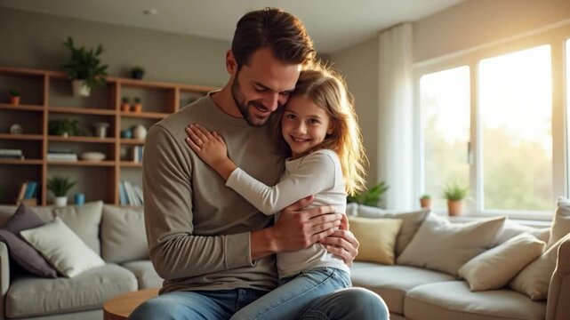 Father and daughter embrace warmly in a cozy living room, showcasing a tender moment of love and family connection during daytime..