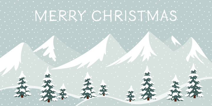 Merry Christmas - Schriftzug in englischer Sprache - Frohe Weihnachten. Gru&szlig;karte mit einer Winterlandschaft mit schneebedeckten Tannenb&auml;umen und Bergen.