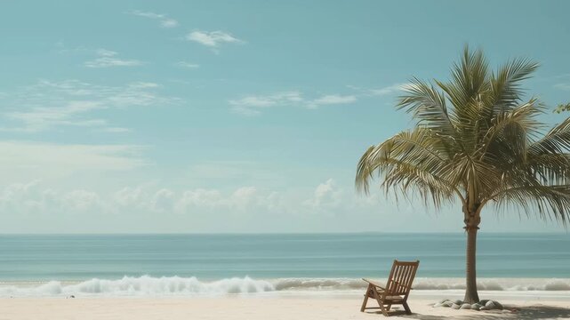 A beach scene with a palm tree and a chair. The chair is empty and the palm tree is tall. The sky is blue and there are clouds in the background. Scene is calm and relaxing