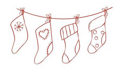 Vector hand drawn illustration with Christmas stockings. Socks decorated  with patches in whimsical style