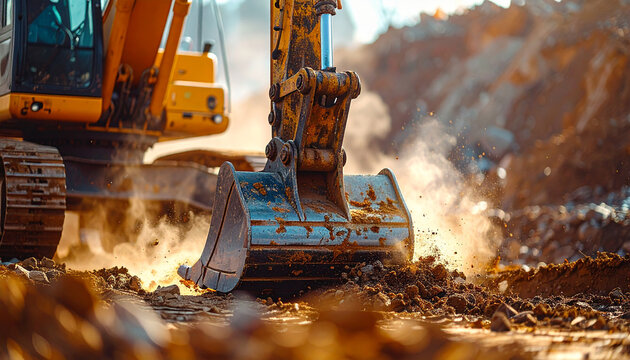 Excavator bucket working at dusty construction site, heavy machinery in action, industrial atmosphere
