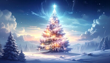 Lit Christmas Tree At Sunset Amidst Winter Landscape With Snowy Ground And Cloudy Sky Illuminated By Bright Light