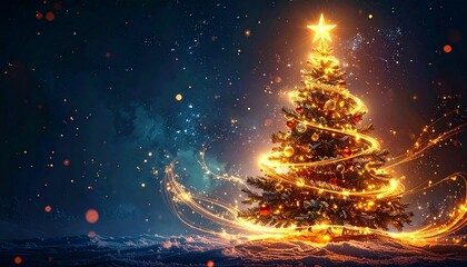 Naklejka premium Lit Christmas Tree Illuminated Against Dark Background with Glittering Particles