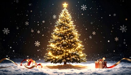 Lit Christmas Tree Surrounded By Snowflakes and Gift Boxes with Golden Ribbons on Black Background