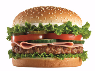 Delicious hamburger stacked high with fresh lettuce, tomato, ham, and pickles, perfect for restaurant menus and enticing food advertisements