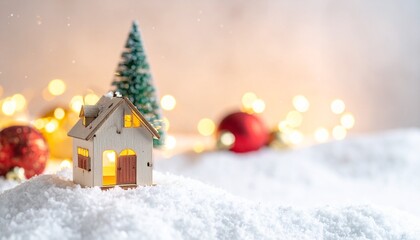 Miniature House on Snowy Hillside With Christmas Decorations in Warm Lighting